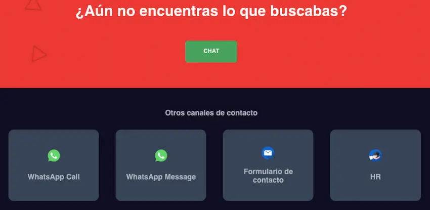 Centro de ayuda de Betano con botón de chat y tarjetas de contacto por llamada de WhatsApp, mensaje de WhatsApp y formulario.