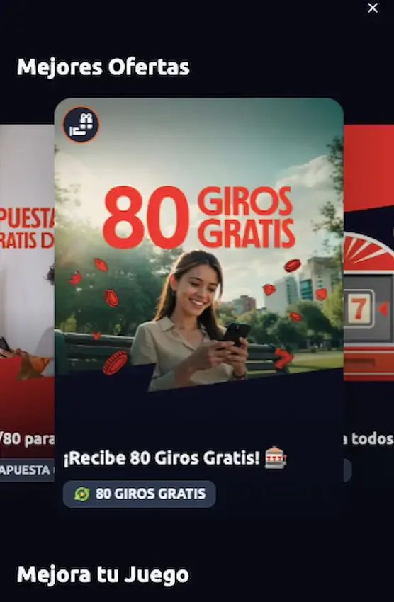 Ventana emergente de Mejores Ofertas del casino de Betano con una tarjeta que anuncia 80 Giros Gratis sobre la foto de una persona mirando el teléfono, y un botón que repite 80 Giros Gratis.