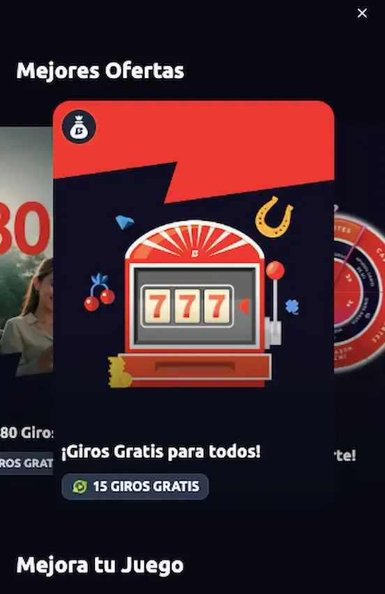 Ventana emergente de Mejores Ofertas del casino de Betano con una tarjeta ilustrada de una máquina tragamonedas 777 titulada Giros Gratis para todos y un botón de 15 Giros Gratis.
