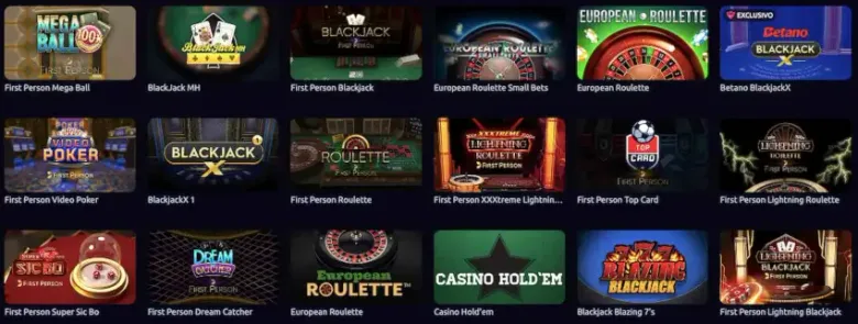 Cuadrícula de juegos de mesa del casino de Betano con variantes de blackjack, ruleta europea y póker en formato First Person, incluida una mesa BlackjackX con marca Betano.