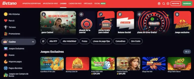 Página de inicio del casino de Betano: barra roja superior con el logo y las pestañas Apuestas Deportivas, Apuestas en Vivo, Casino, Casino en Vivo, Virtuales y Social; un menú lateral con Casino, Juegos Exclusivos y Mayores pagos; arriba un carrusel de promociones y debajo una fila de juegos exclusivos.