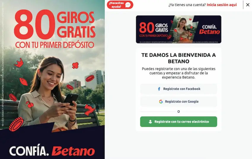 Ventana de bienvenida al registro de Betano con opciones para registrarse con Facebook, Google o correo electrónico, junto a un afiche de giros gratis.