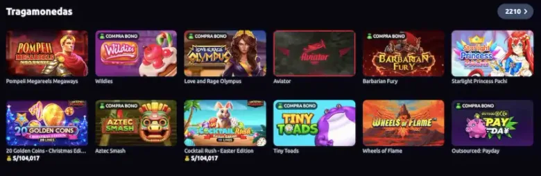 Cuadrícula de tragamonedas del casino de Betano con títulos como Pompeii Megareels Megaways, Wildies, Love and Rage Olympus, Aviator y Barbarian Fury; varias llevan la etiqueta Compra Bono.
