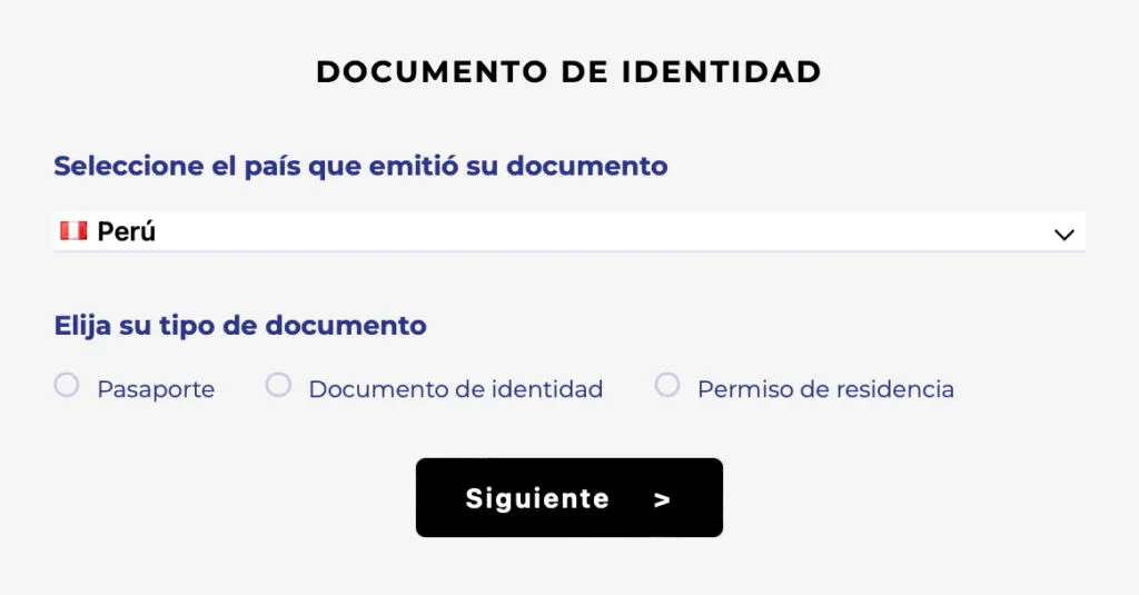 Paso de verificación titulado «Documento de identidad» con el desplegable de país en Perú y las opciones de pasaporte, documento de identidad o carné de extranjería.