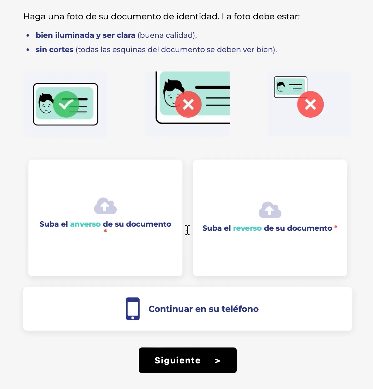 Instructivo para fotografiar el documento con ejemplos marcados en verde y en rojo, y dos recuadros para subir el anverso y el reverso.